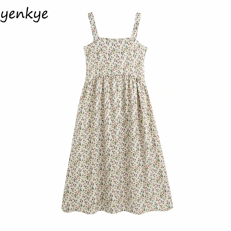 

Sleeveless Summer Dress Women Sweet Floral Print Dress Modern Lady Straight Neckline A-line Casual Long Sundress vestido, As pic