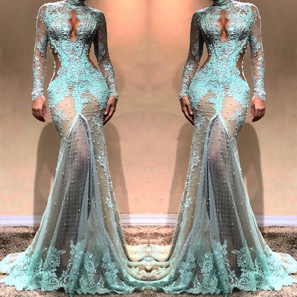 

Mint Green Full Lace Prom Dress High Slit Sexy Evening Dress Beaded Sheer Lace Party Sexy Mermiad Dresses Custom Made, Gold
