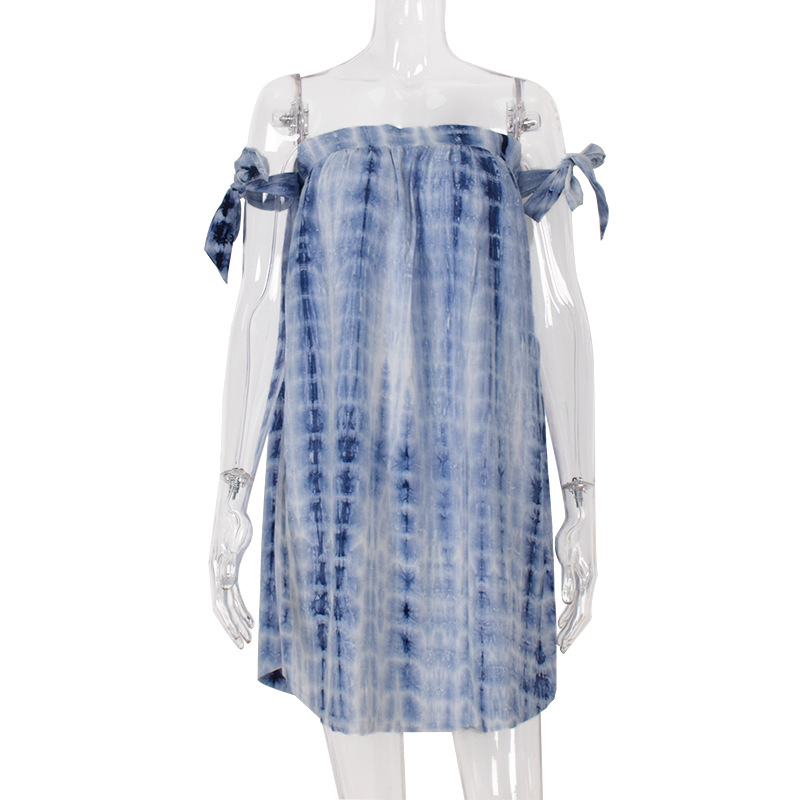 

New 2020 Fashion Tie Dye Sexy Lace Up Strapless Summer Women Off Shoulder Casual Loose Chest Wrap Short Dresses, Sky blue