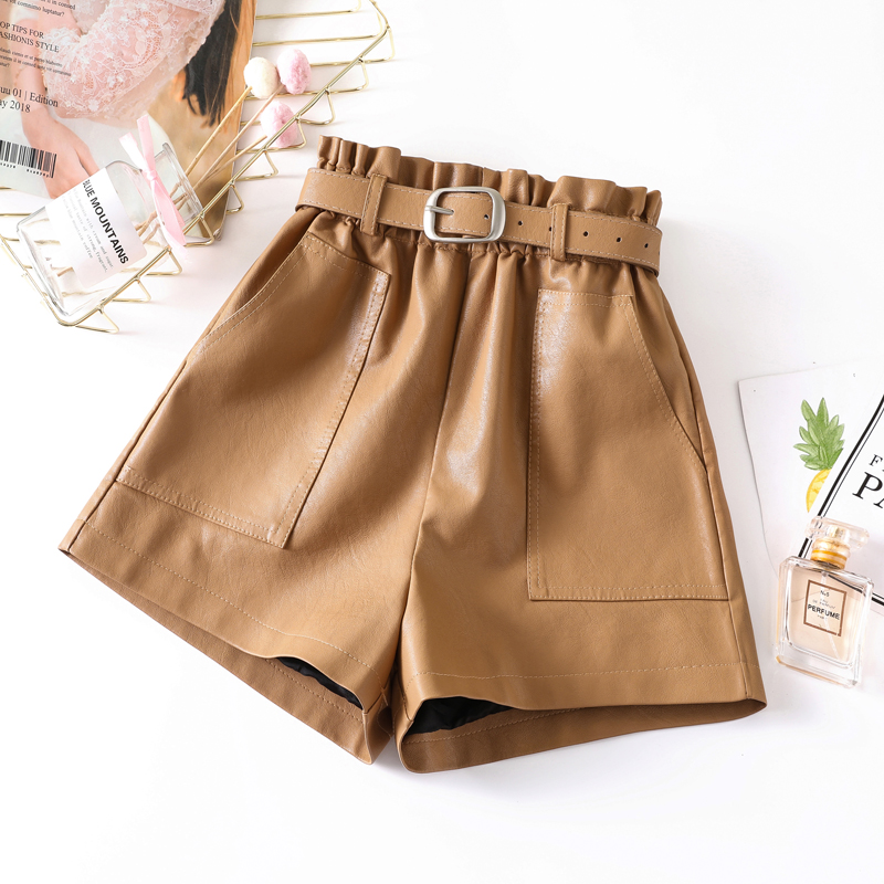 

High Waist Elasticity PU Leather Shorts New Women Fashion Cool Punk Sashes Short Pants Fashion Loose Elastic Waist Shorts 341D, Apricot