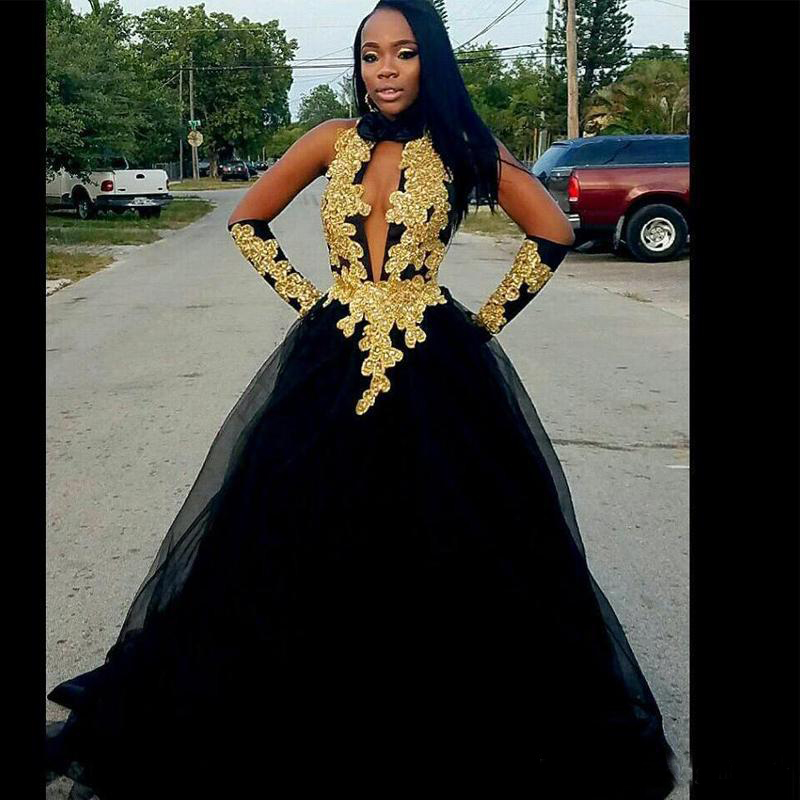 

Fashion Black Gold Appliques Prom Dresses Halter Backless Bead Sequin Keyhole Evening Gown Long Prom Dress 2019, Chocolate