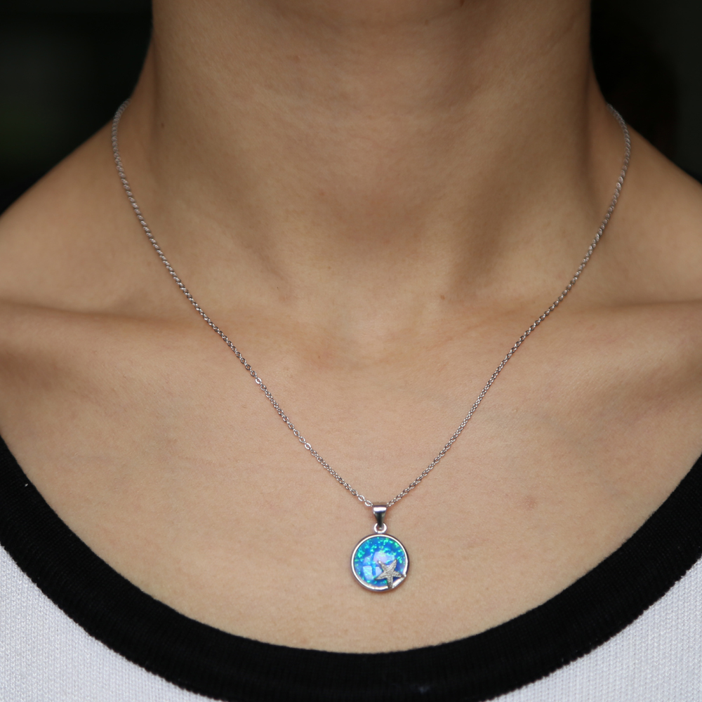 

Wholesale-blue fire opal gemstone 2018 summer beach jewelry sea star engraved unique new design 925 sterling silver geometric necklace