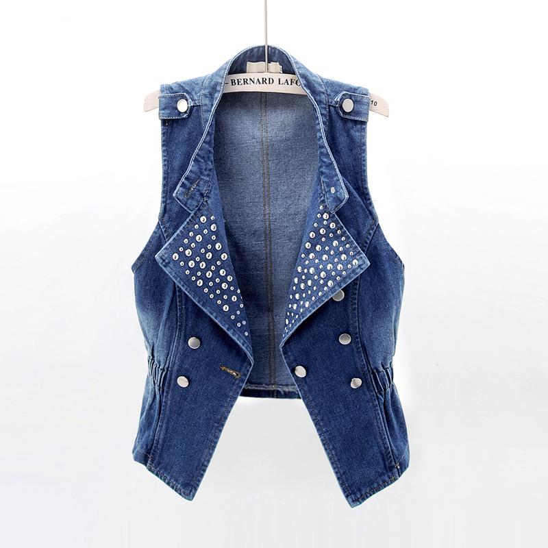 

Vintage Blue Denim Vest Women Casual Slim Sleeveless Jacket Rivets Denim Vest Plus Size locomotive Short Waistcoats Tide G247