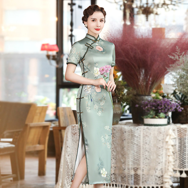 

Sheng Coco Women Double-deck Cheongsam Long Silk Dress Traditional Chinese Clothing Elegant Qipao