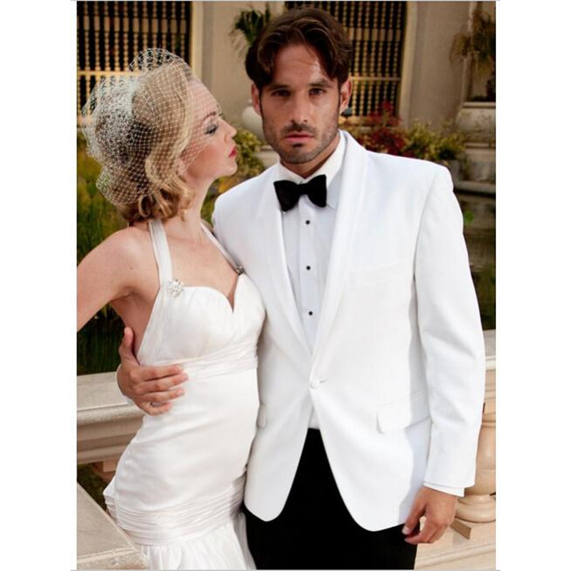 

Bespoke Tuxedos White Jacket Black Pant Bowtie 3Pieces Shawl Collar One Button Fashion Men Suits Bestmen Groom Terno Masculino, Beige