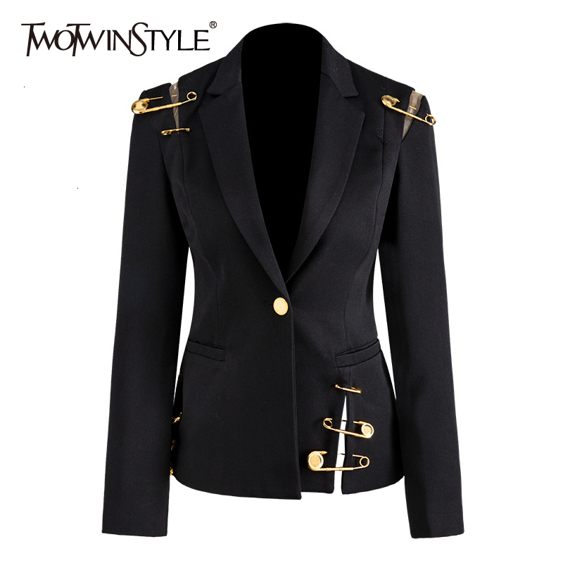 

TWOTWINSTYLE Hollow Out Patchwork Lace Up Women's Blazer Notched Long Sleeve Slim Elegant Female Suit 2019 Autumn Fashion New CJ191209, Black