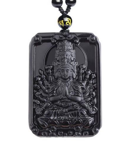 Chinese Hand-Carved Kwan-yin Grade A Natural Icy Obsidian Jade Gems Pendant