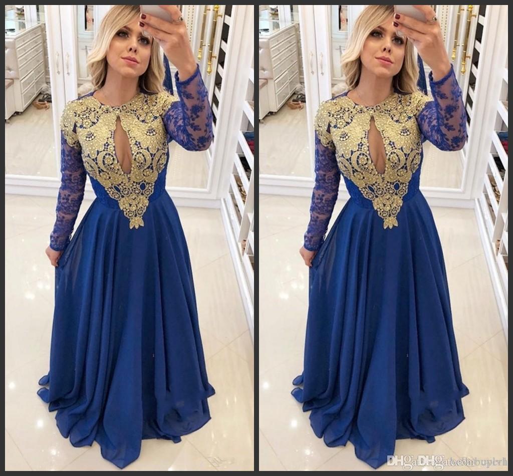 

New Design A Line Lace Long Sleeve Prom Dresses Jewel Neck Gold Appliques Chiffon Dresses Charming Prom Gowns Dresses Sweep Train, Water melon