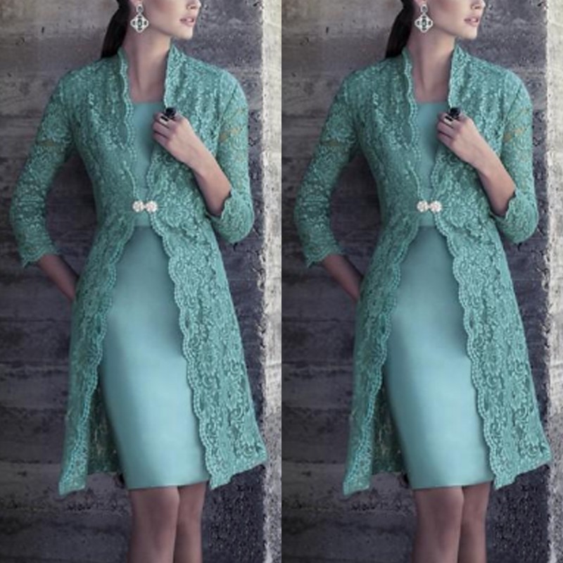 

Plus Size Turquoise Mother Of Bride Dress with Jacket Long Sleeves Vintage Lace Knee Length Satin Cheap Bride Groom Prom Gowns