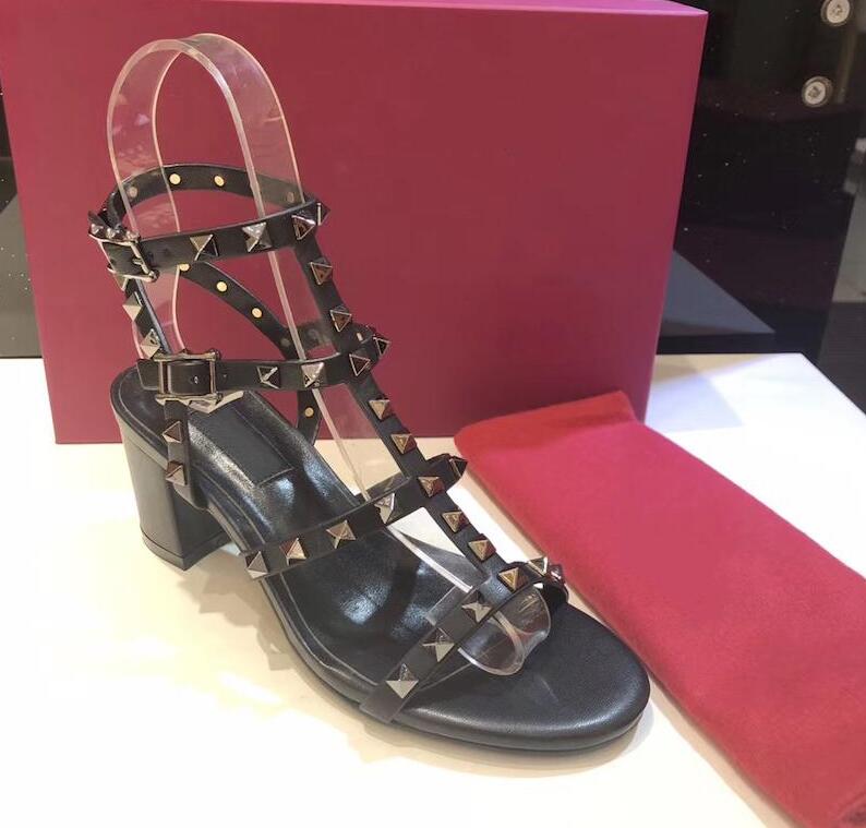 

women leather stud sandals T-strap sandal summer High Heels rivets shoes Ladies Sexy party shoes 6.5cm 9.5cm 15color with red dust bag, Black