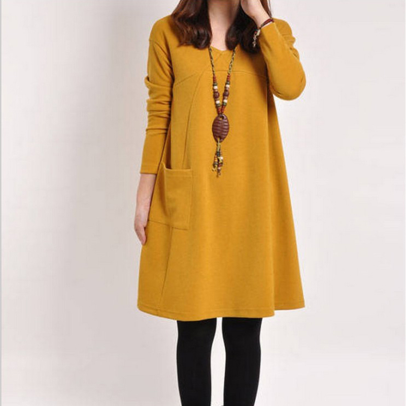

Women's Dress Ladies Autumn Solid Casual Fashion Long Sleeve Loose Fit, Yellow