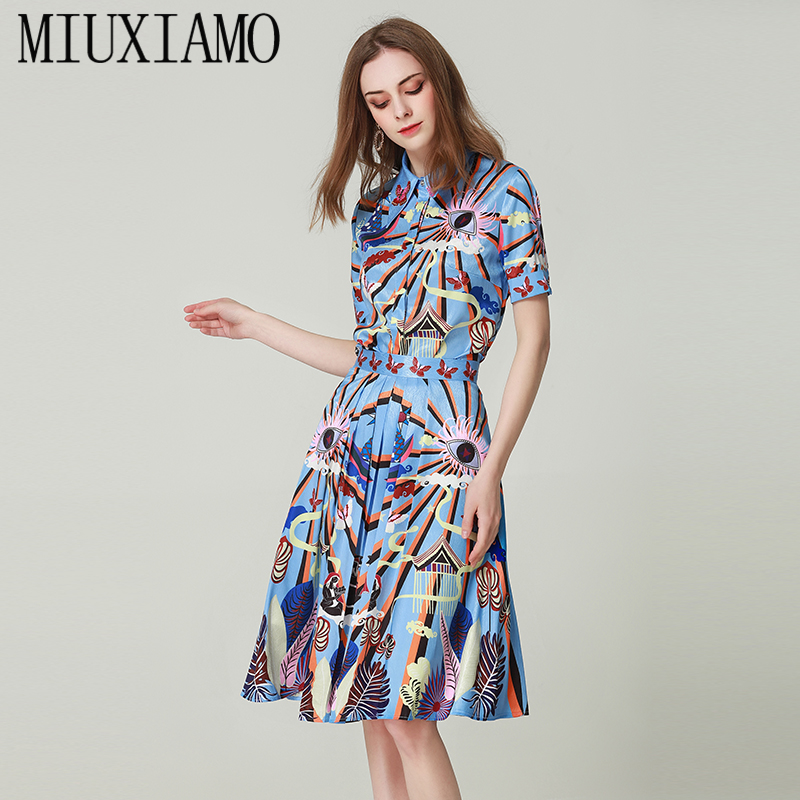 

MIUXIMAO 2019 Spring Newest Style Suit Sets 2 Piece Turn-down Collar Short Sleeve Top + Skirt Diamonds jumpsuit Women vestido, Blue