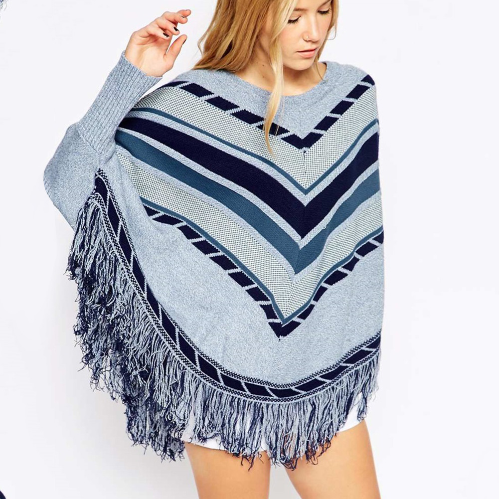 

Women Sweater Batwing Sleeve Loose Cape Patchwork Color Irregular Pullover Spring Fall Winter Tassel Sweater Geometric, As pic