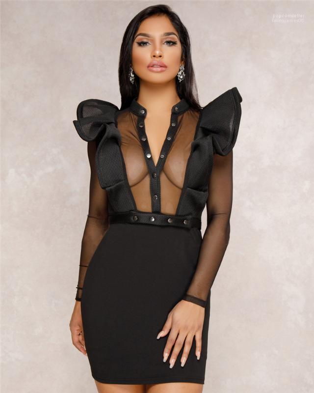 Vêtements Net fil lambrissé Femmes Robe moulante à volants Designer Robe drapée Sexy Summer Night Club Femmes