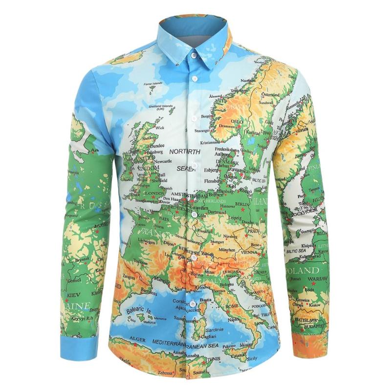 Mens Butterfly Flower Print Button Up Turn-Down Collar Long Sleeve Vintage Shirt