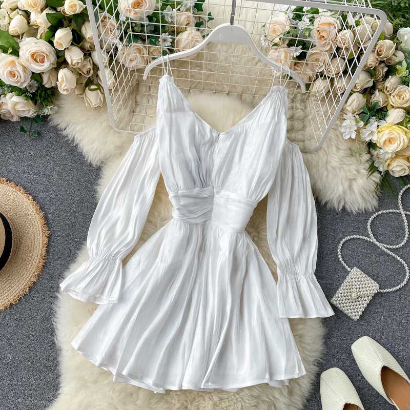 

ZCWXM Spring Off Shoulder Vestidos Sexy Summer Solid High Waist V Neck Women Dress Puff Sleeve Button A-line Dresses Fashion, Black