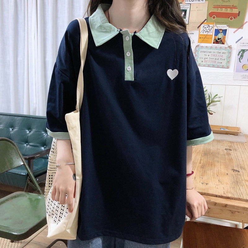 

Heart Graphic Shirt Women Loose Solid Short Sleeve Blue Shirt Female Summer Apricot Tops 2020 Fashion Lapel Tunic Harajuku