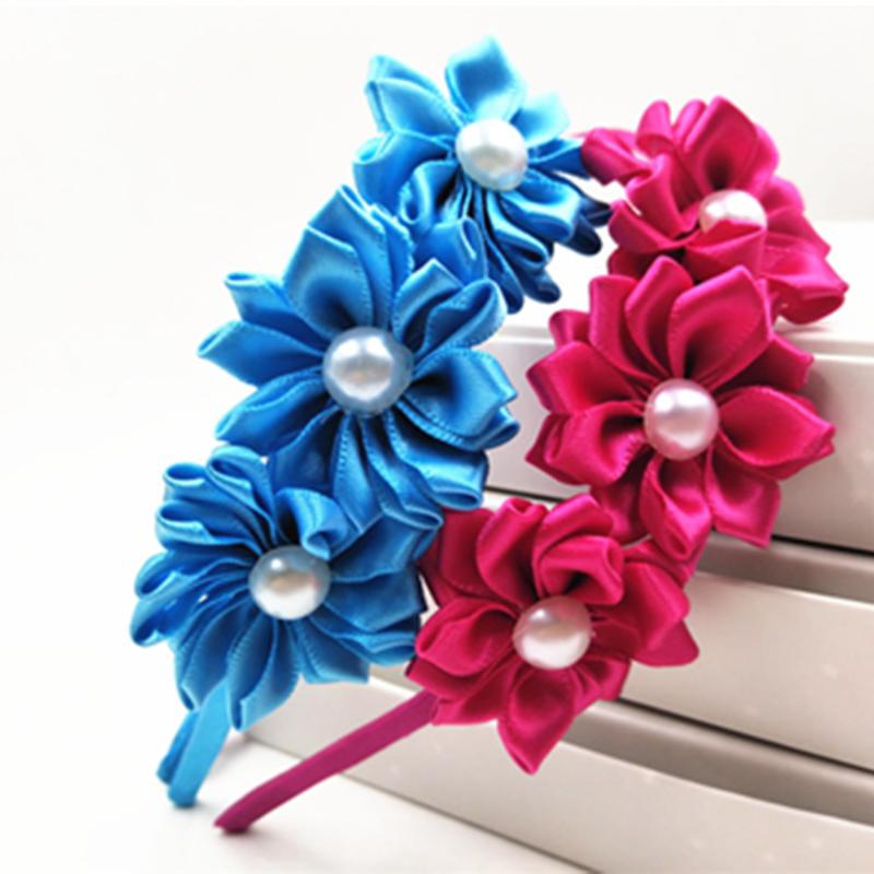 

Girls Satin Flower Headbands with Pearl Hairband Kids Hair Accessories Headwear Solid Girls Hair Headband Korean Headband Pearl, White