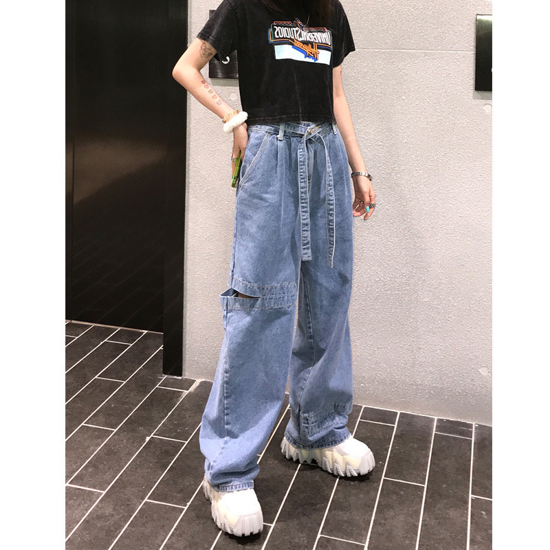 

Web celebrity with female straight hole jeans loose 2020 new tall waist drape wide-legged pants show high torre pants, Blue