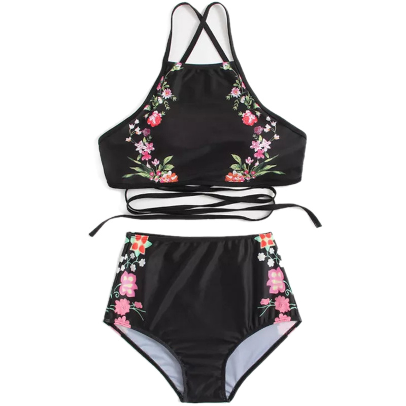 

Hot kf-Women Black Flower Print Halter Bikini Set Backless Tank High Waist Two Pieces Swimwear