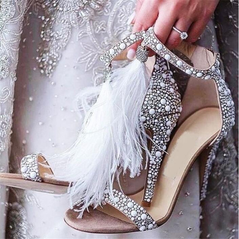 

MHYONS Sexy Women Sandals Pumps Summer Rhinestone Fringe Zip Feather High Heel Apricot Women Wedding Pumps Shoes Size 35-40, Beige