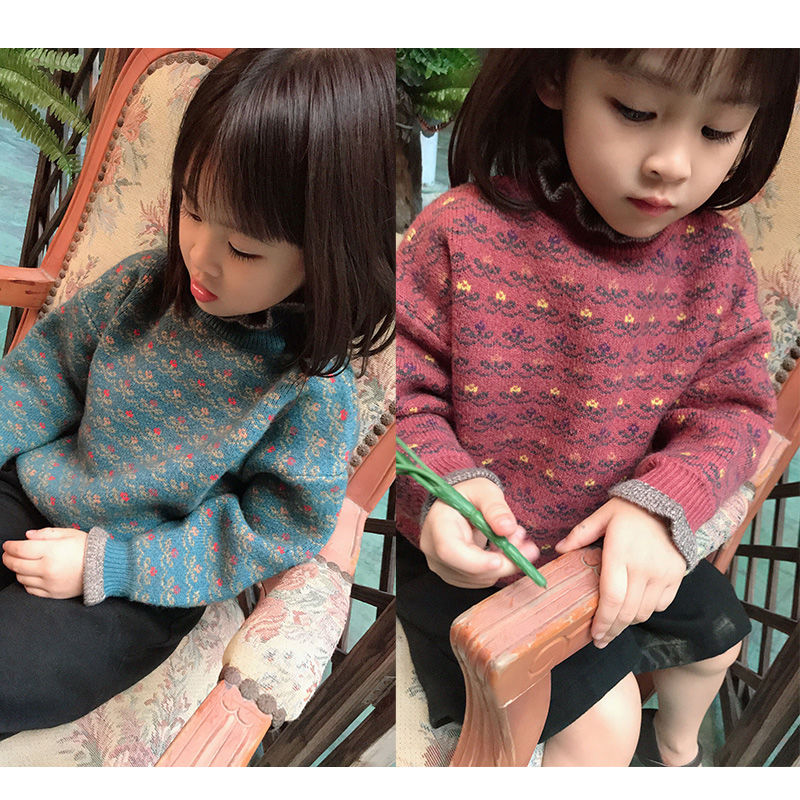 

HOT Girls Sweater 2-11 Years Old Online Celebrity Children's Sweater Auricularia Flowers Velvet Thick Kids Sweaters Christmas, Green