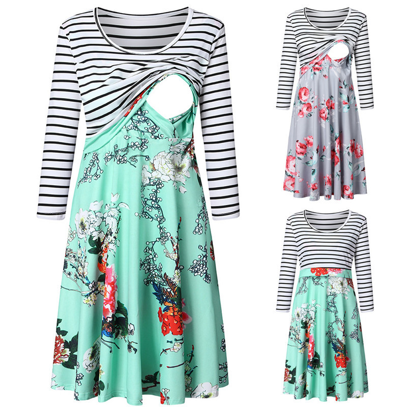 

Maternity Dresses Women Fake Two Piece Pregnancy Dress Autumn Striped Floral Print Patchwork Casual Nursing Breastfeeding, Green