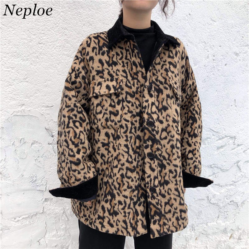 

Neploe Leopard Thicken Winter Coat Long Sleeve Medium-long Jacket Woman Causal Oversized Outwear Turn-down Collar Jacket 37782, Photo color