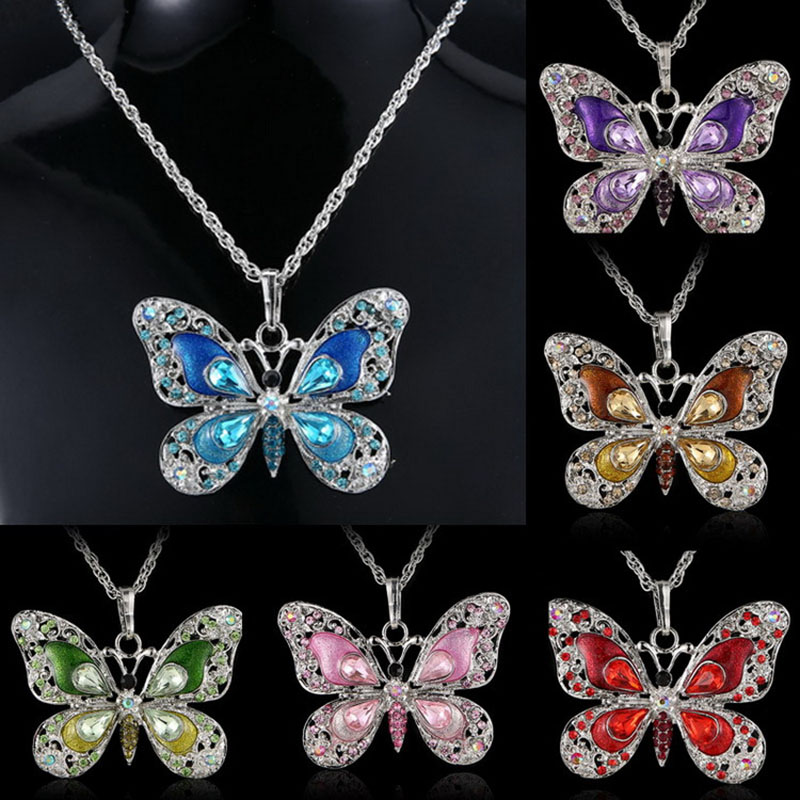 Belle filles émail plaqué argent papillon cristal collier pendentif avec chaînes