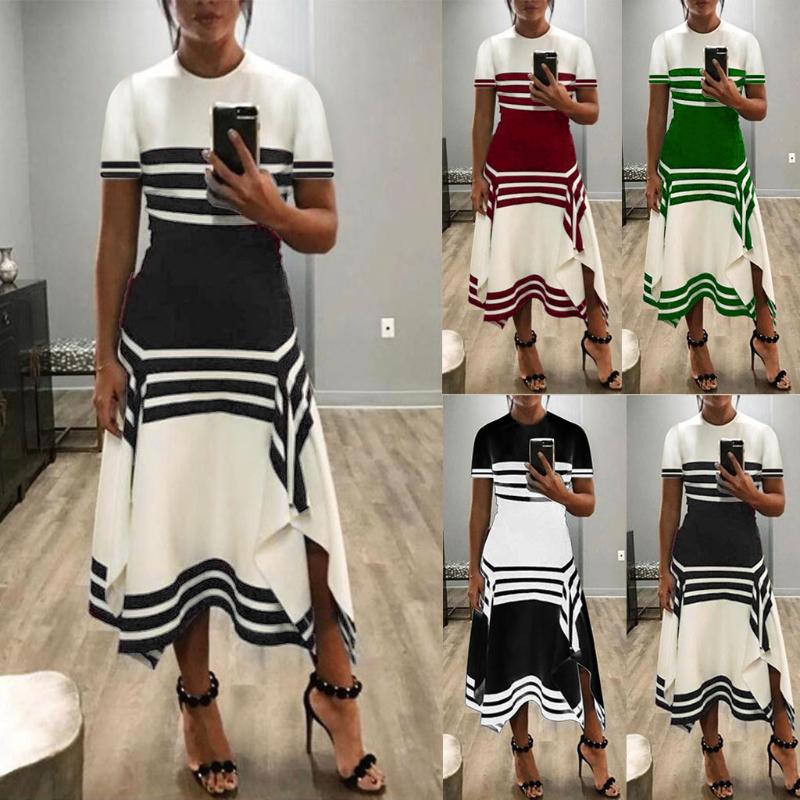 

Female Dress Spring Stripe print Midi Dress Short Sleeve high waist sexy casual woman dresses, Black
