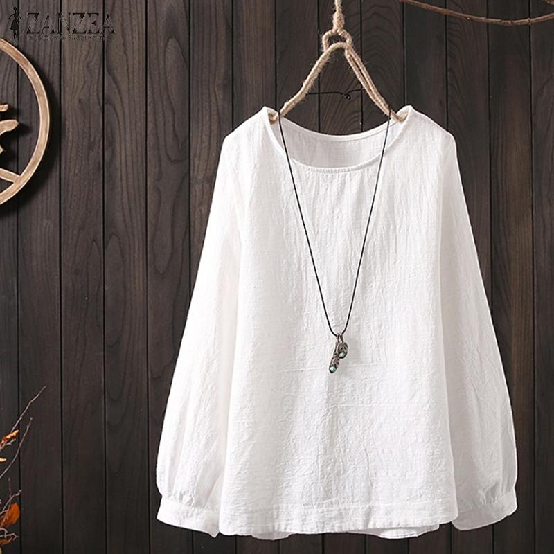 

Stylish Women Long Sleeve Blouse ZANZEA Spring Solid Cotton Linen Tops 2020 Female O Neck Loose Casual Shirt Vintage Blusas 5XL, Blue