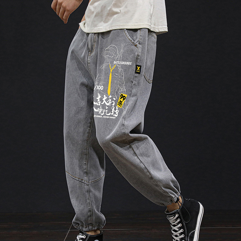 

New large size jeans young pants plus size daily fashion pants men loose printed nine points jeans for man, Gray