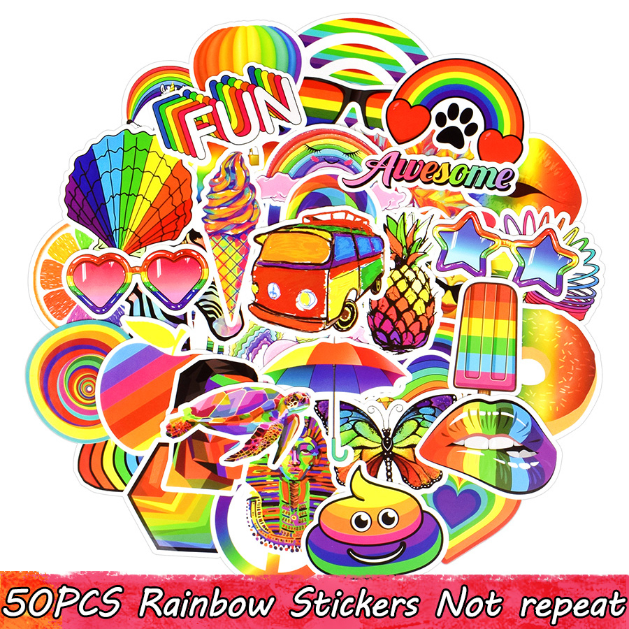 

50 PCS Waterproof Rainbow Stickers for Kids Teens Adults to DIY Laptop Tablet Luggage Water Bottle Snowboard Guitar Car Home Decoration