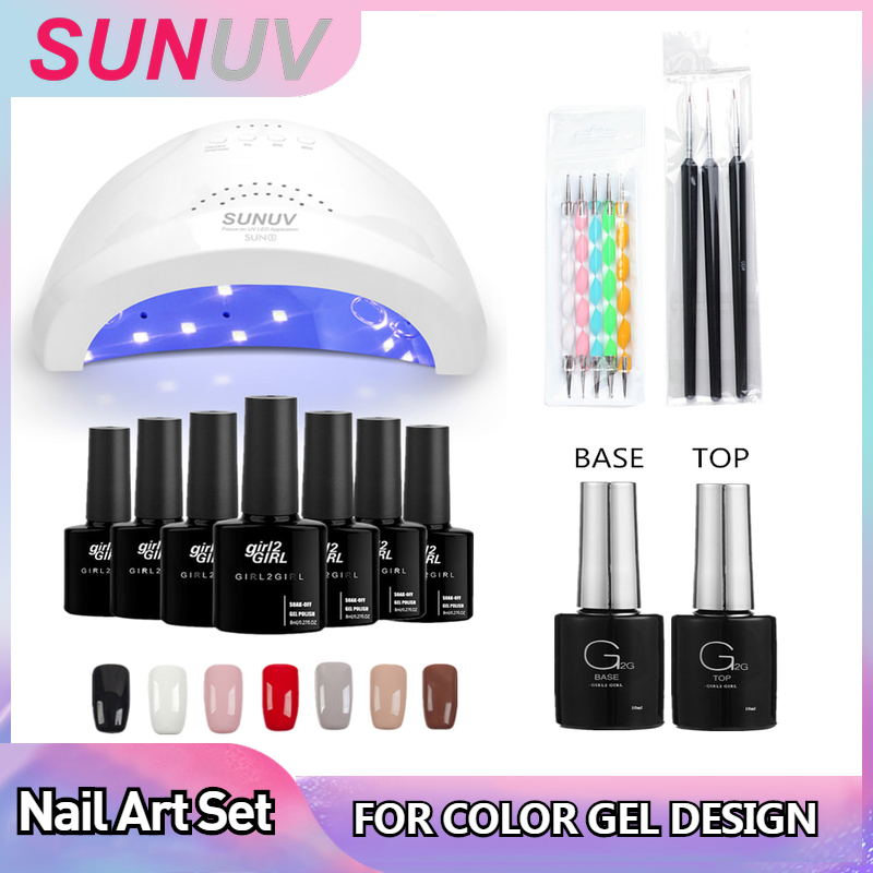 

SUNUV SUNONE UV LED Lamp Dryer Nail Art Set with 7 Colors Nail Gel Polish Top Bsae Soak Off Manicure Dotting Pens Brushes Kit
