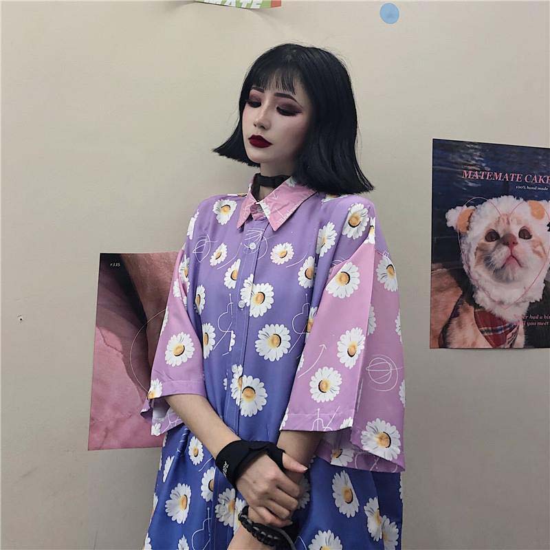 

sweet Harajuku Women' Gradient Daisy Print Blouses Fashion Summer Short Sleeve Casual Tops BF Style Irregular Ladies Shirts, Purple