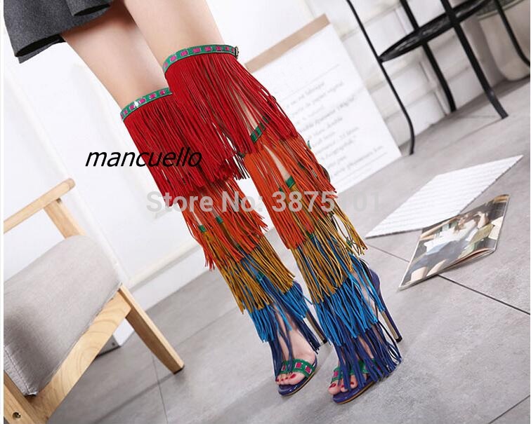 

Buckle Style Fringe Cut-out Sexy High Sandal Booties Classy Color Matched PU Spike Heel Sandals Fashion Tassel Stage Shoes, Multi