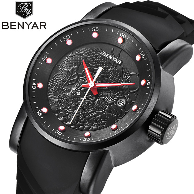 

BENYAR Watches Men gold dragon watch male quartz wristwatches big dial waterproof clock with calendar Reloj Hombre, Black