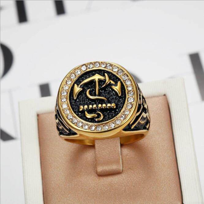 

Wholesale- Color Gold Stainless Steel Ring Top Quality Anchor Biker Men Ring Hot Sale Man's Fashion Jewelry 7 -15 size