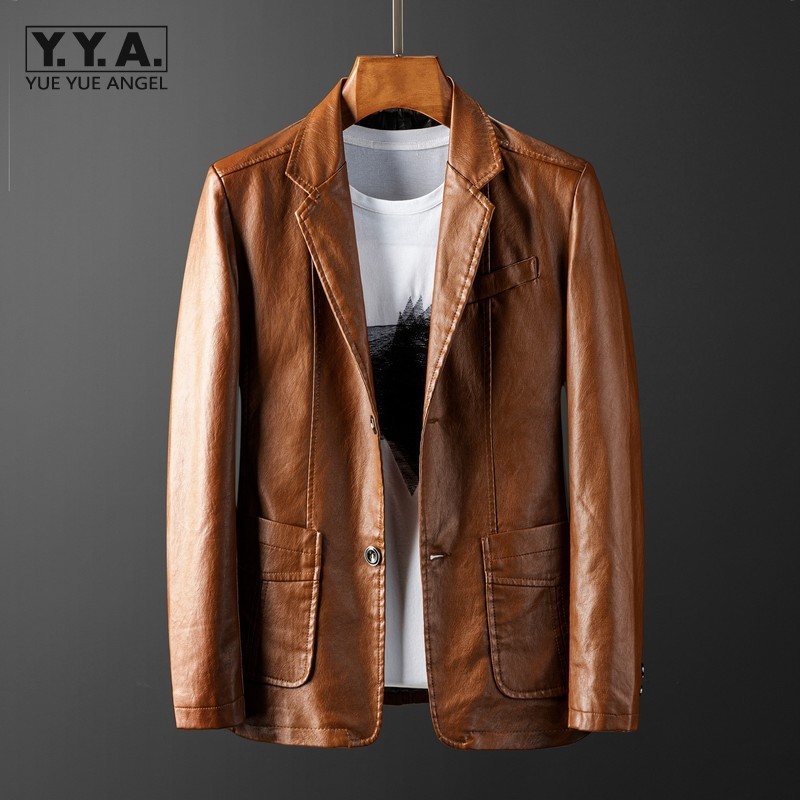 

Pu Leather jackets Mens Tops Slim Fit Suit Coat Fashion Motorcycle Jacket Male Vintage Single Breasted Suits Casual Outerwear, Yellow