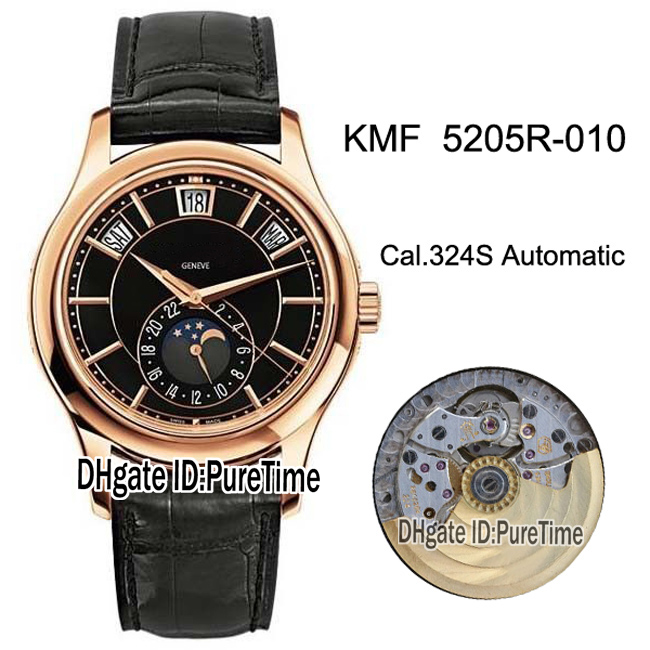 

KMF Complications Annual Calendar 5205R-010 Rose Gold Cal.324SC Automatic Mens Watch Black Dial Moon Phase Leather Watches Puretime E04e4, Customized waterproof service