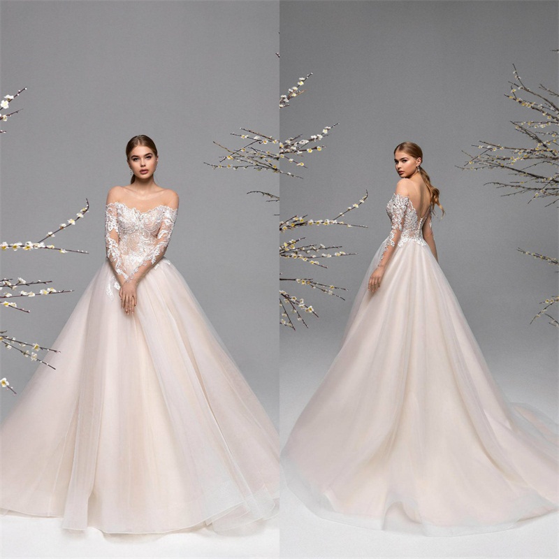 beach elegant wedding dresses jewel neck long sleeve backless ruched wedding gown appliqued lace sweep train custom made robes de marie