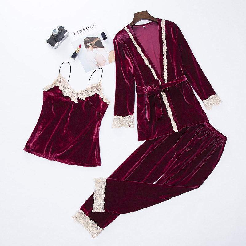

Women New Velvet Warm 3PCS Lace Sleepwear Autumn Winter Pajama Pyjama Set Floral Trim Nightwear Soft Home Wear Lingerie Suit, 15