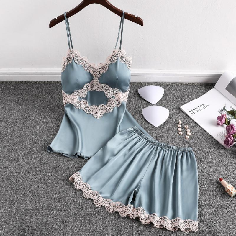 

Satin 2PCS Pajamas Suit Lace Lady Nightwear Strap Top&Shorts Summer New Intimate Lingerie Sexy Sleepwear Kimono Robe Gown
