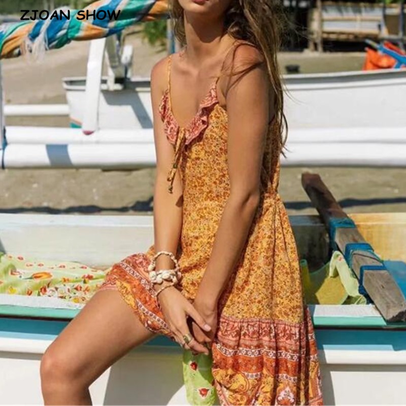 

2020 Bohemian Lacing up Ruffles V neck Floral print BOHO Dress Holiday Woman Bell Lacing up Waist Dresses Beach Sling Vest, Fuchsia