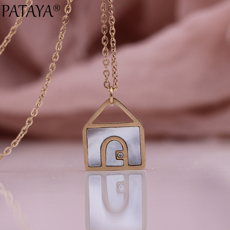 

PATAYA New Long Shell Necklaces 585 Rose Gold Natural Zircon Hollow Square House Pendant Women Wedding Gift Fine Fashion Jewelry