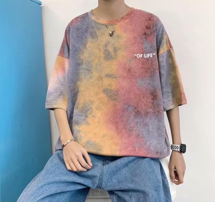 Tie Dye Colorful Mens Tshirts Letter Print Popular Fashionable Male Cool T Shirts Casual Relaxed Mens Tops