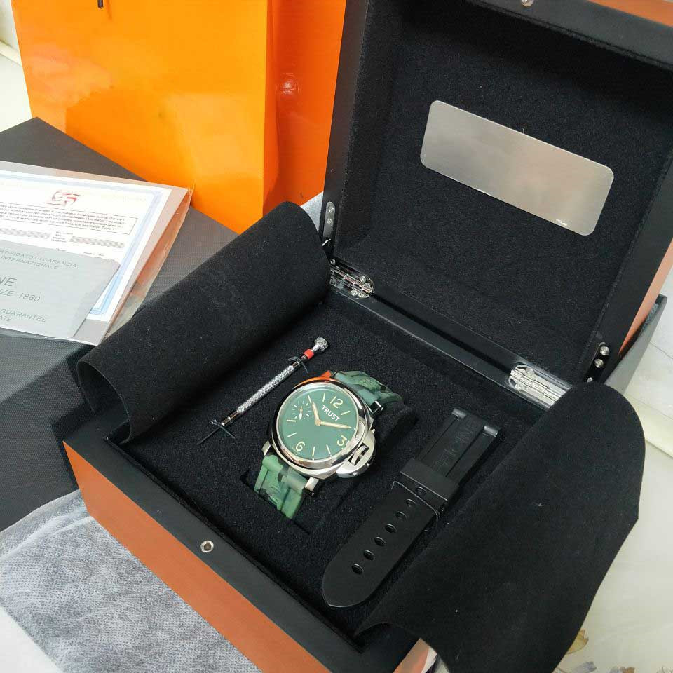 

New Shoot WATCH 44mm GREEN Face Camo Strap Super P 111 Mechanical Hand-Winding Movement Fashion Mens Watches with Origina Box Strap, 01