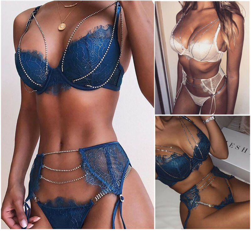 

3PCS Women Crystal Chain Sexy Lingerie Babydoll G-String Underwear Nightgown