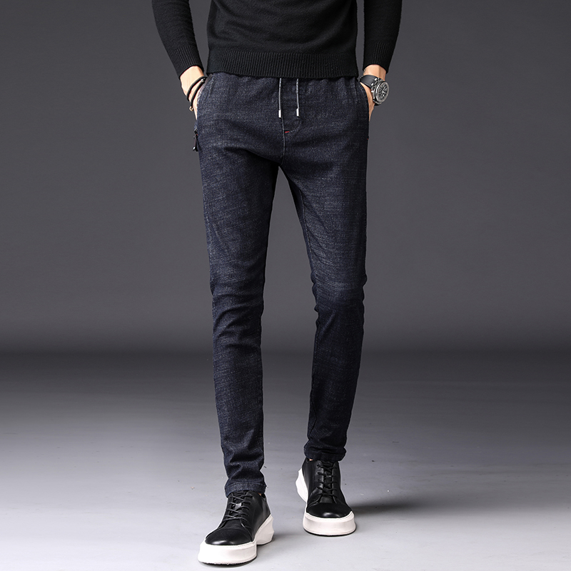 

Autumn New Elastic Jeans Men's Light-colored Slim Pants Korean Slim Bottom Pants, Black