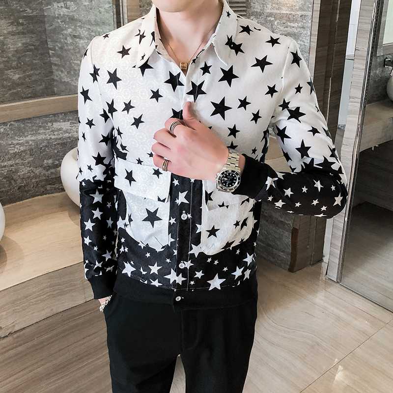 

Shirt Men Streetwear Fashion Star Splice Mens Casual Shirt Slim Fit Men Dress Tuxedo Camiseta Masculina Korean Clothes, Black and white